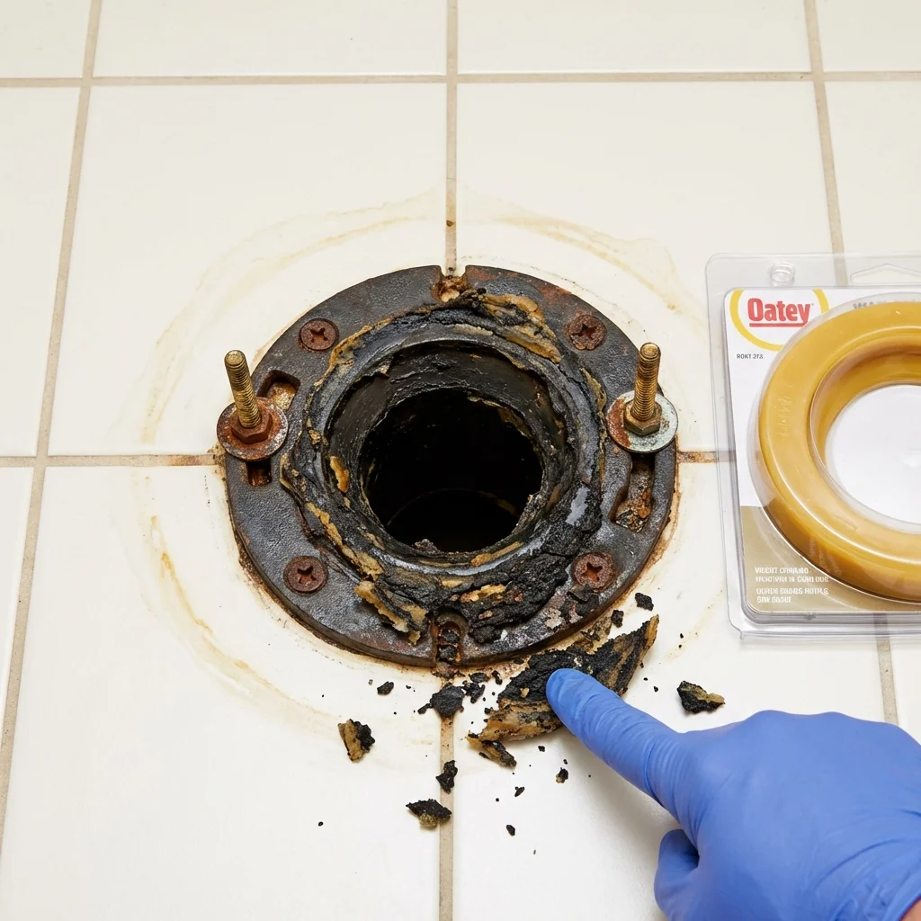Failed wax ring showing water seepage at the base of a toilet in a Malvern, OH home